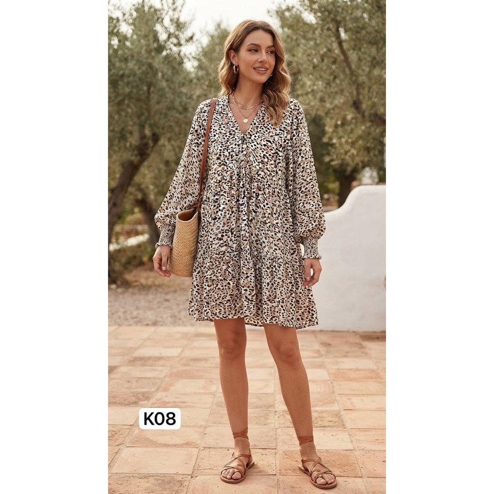 NWT The Home Holiday Amber Dress Leopard Mixed Spot Smocked Boho Mini Size S